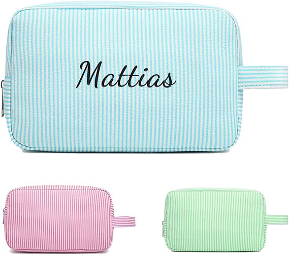 Ulico Personalized Seersucker Makeup Bag Embroidered Name, Custom Cosmetic Bag, Monogrammed Travel Toiletry Bag for Kids Women Girls