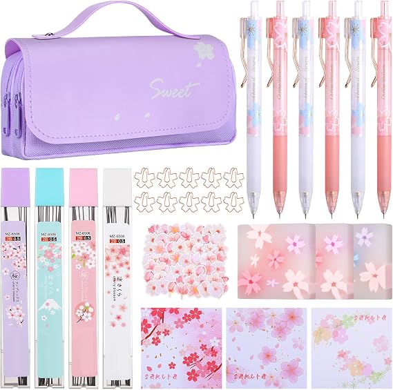 Crtiin 74 Pcs Kawaii Cherry Blossom Stationery Set, Purple