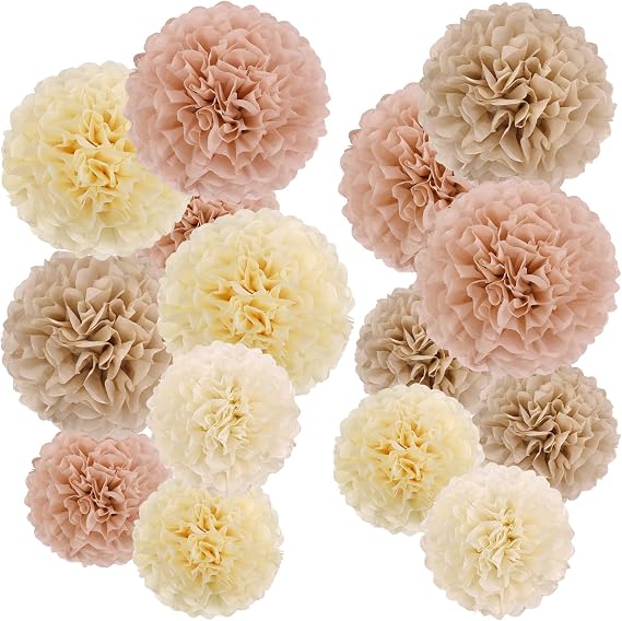 Easy Joy Pack of 15 Paper Flowers Pom Poms in Beige & Pink