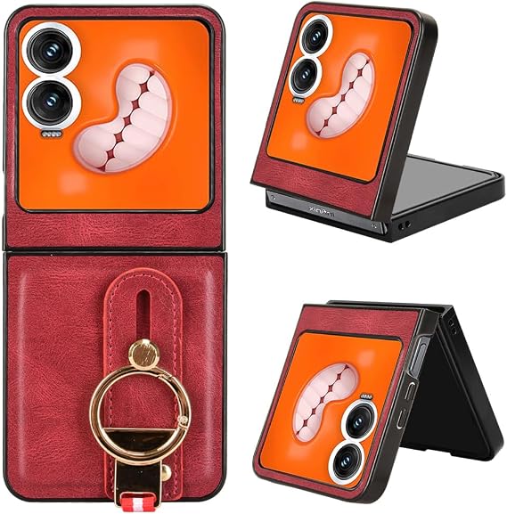 Compatible with Tecno Phantom V Flip 2 Case Cover,PU retro cell phone case with wrist strap Compatible with Tecno Phantom V Flip 2 5G Case Red