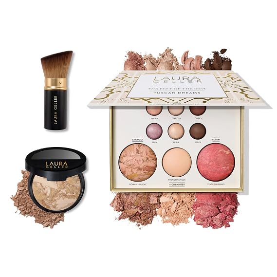 LAURA GELLER Baked Starter Kit- Baked Balance-n-Brighten, Medium + Best of the Best Tuscan Dreams + Retractable Angled Kabuki Brush