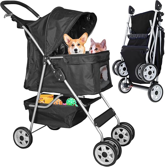 Best 4 Wheels Pet Stroller for Dog & Cat, Lightweight and Foldable Dog Jogger Stroller W/Cup Holders for Small & Medium Pets - Black