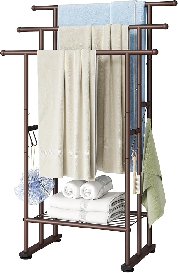 ELYKEN 3 Tier Freestanding Towel Rack with Shelf, 40" H Towel Stand, Bronze