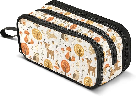 Large Capacity Pencil Case 3 Compartment Pouch Pen Bag Forest Animals for Middle High School Office College