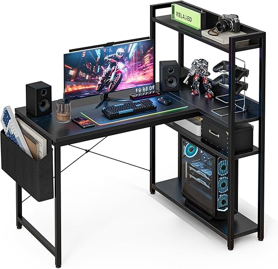 Grandder 100x80 cm L Shaped Gaming Desk with Reversible Storage Shelves, Computer Desk Home Office Corner Study Writing Table with Hutch, Study, Black