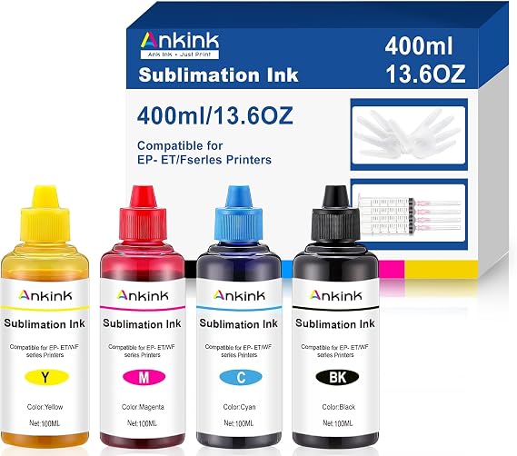 Ankink Sublimation Ink Bottles Refill 13.5 fl oz for Ecotank ET-2800 ET-2803 ET-2850 ET-2720 ET-2760 ET-4800 ET-15000 ET-2400 ET-3760 ET-4760 Heat Press Transfer on Mugs T-Shirts ICC-Free 4PK