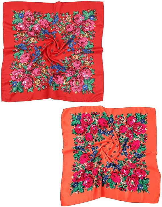 Gudessly 2 PCS Russian Ethnic Scarf Square Head Hair Scarves Printed Cotton Flowe Neck Scarf for Women Girls