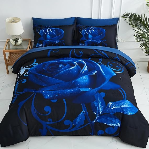 Xruibed Blue Comforter Set Full 7 Piece Bed in a Bag Blue Rose Comforter with Sheet Set Soft Micorfiber Reversible Bedding Set (1 Comforter,2 Pillow Shams,1 Flat Sheet,1 Fitted Sheet,2 Pillowcases)