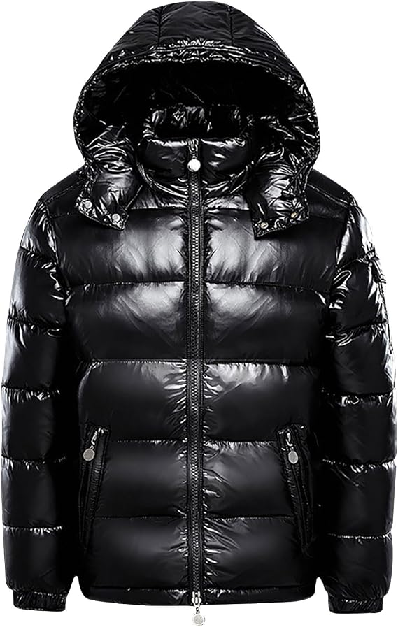 Mens Shiny Puffer Jacket Hooded Down Quilted Insulated Jacket Zip up Padded Coat Glossy Winter Coat Warm Outwear