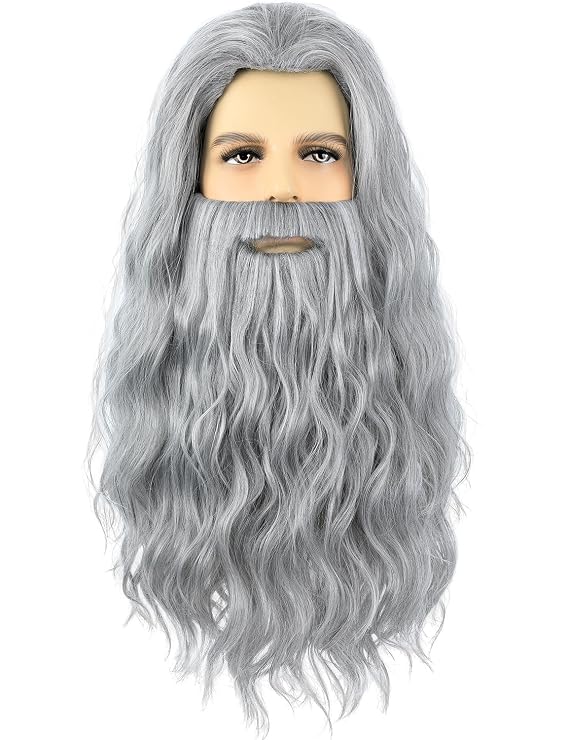 Grey Wizard Wig and Beard for Men Long Gray Beard Wig Set for Mens Halloween Costume Cosplay Party (Grey)