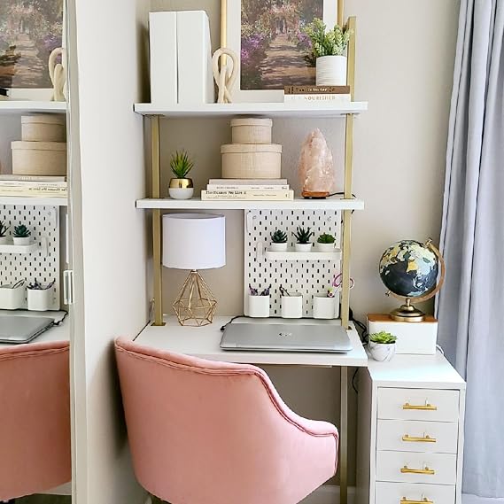 3-Shelf Industrial Wall Mount Ladder Desk, Small Computer or Writing Desk Gold and White for Homes Office School Small Spaces (30"x20"x73")