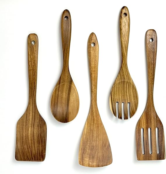 Wooden Utensil Set for Cooking, 5 Pcs Acacia Wood Spatulas for Kitchen use, Non Stick Wooden Kitchen Utensil Set of 5 including Spatula, Spoon, Slotted Turner