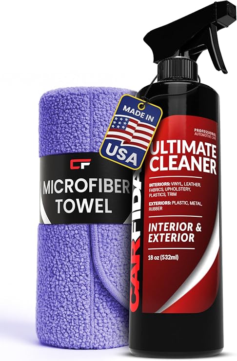 Carfidant Car Interior Cleaner Stain Remover & Odor Eliminator No Residue Finish Safe on Leather, Fabric, Carpet & Plastic Detailing Spray with Microfiber Towel 18oz
