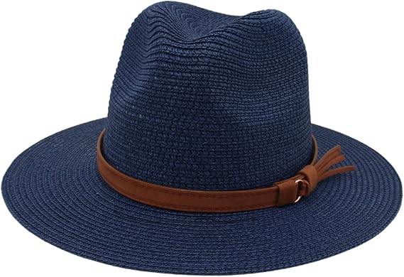 Mens Womens Wide Brim Straw Panama Hat with Belt Buckle for Outdoor Beach UPF50+