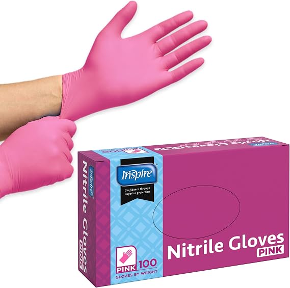 Inspire Pink Gloves Disposable Latex Free | Nitrile Pink Glove Hair and Nail Salon, Esthetician Nitrile Disposable Gloves (100, XL)