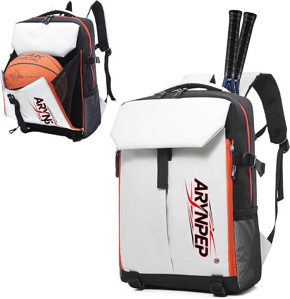 Sports Backpack with Basketball Compartment, Multi-Pocket Tennis Racket Backpack, Large Capacity Gym Backpack with Yoga Mat Strap & Luggage Sleeve for Soccer, Baseball, Travel