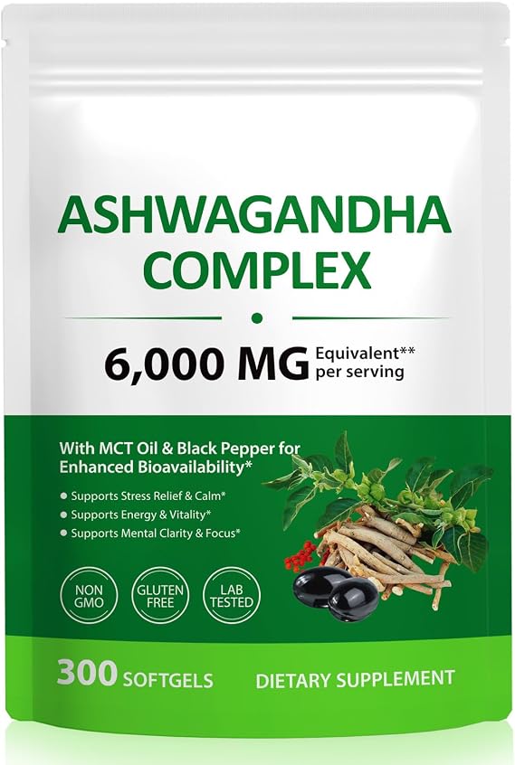 Ashwagandha Extract Softgels, 300 Softgels - with MCT Oil & Black Pepper - Herbal Supplement for Relaxation & Calm Mood