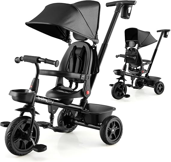BABY JOY Tricycle, 4 in 1 Toddler Bike W/Removable Push Handle, Reversible Seat, Foldable Footrest, All-Terrain EVA Wheel, Adjustable Canopy, Ideal for Kids 12-60 Months, Tricycle for Toddler (Black)