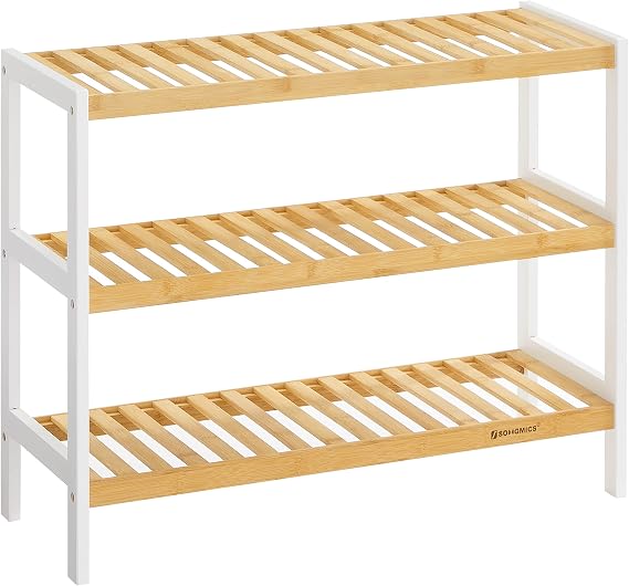 Songmics Bamboo Shoe Rack, 3 Tiers Shoe Rack, Entrance Area, Hallway, Natural Color-White Lbs03H
