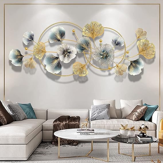 KILELI Home Metal Wall Decor, 48" X 20" 3D Golden Ginkgo Leaf Wall Hanging Decor with Frame, Golden Metal Art Wall Sculpture for Living Room, Office, Study
