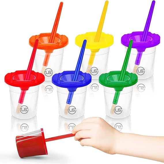 Paint Cups with Lids for Kids 6 No Spill Paint Containers & Paintbrushes