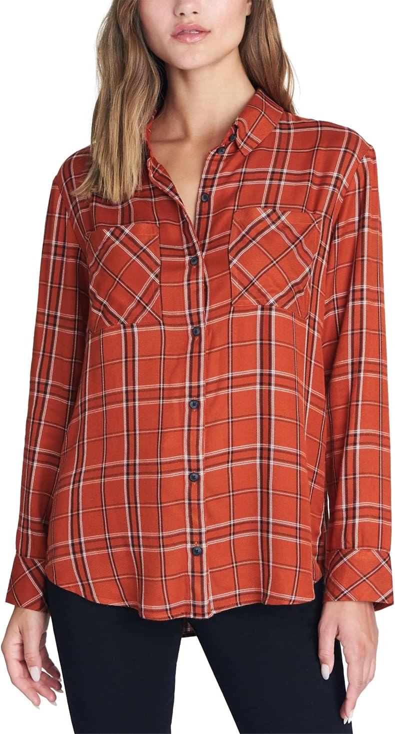 Sanctuary Clothing Womens Plaid Button Up Shirt, Brown, X-Small