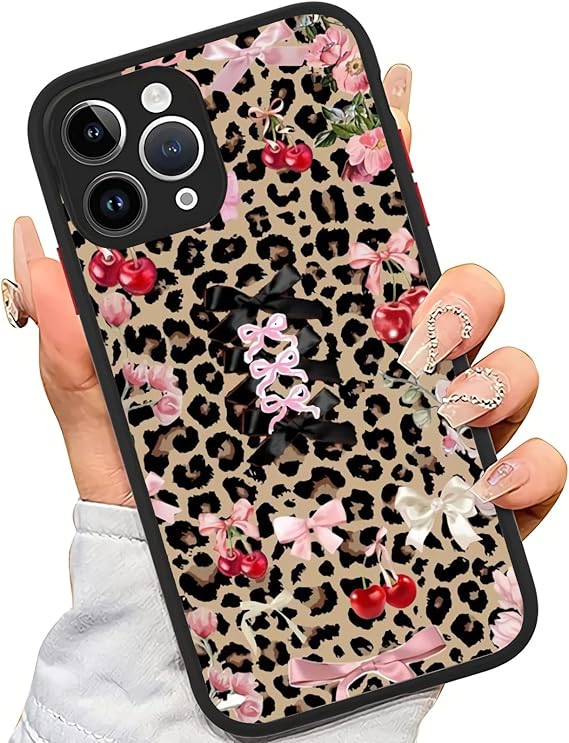 Compatible for iPhone 16 Pro Case, Cherry Pink Bow Coquette Cute Leopard Girl Aesthetic Protective Magnetic Phone Case (for iPhone 16 Pro)