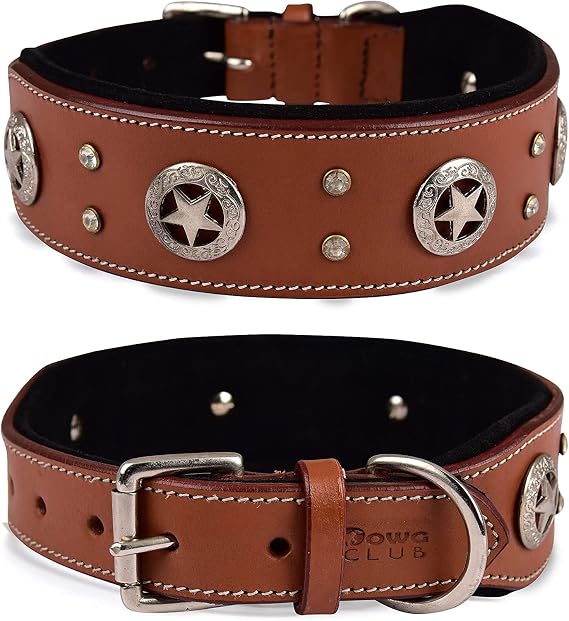 DowgClub | Genuine Leather Dog Collar | Saddle Grade, Full Grain, Heavy Duty | Stylish, Comfortable, Best for Medium, Large, XL Breeds (M (Neck Size 14.5"-18.5"), Tan & Texas Star Conchos)