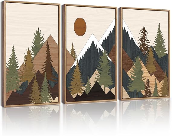 KUVIOKE Landscape Mountain Wall Art Set Sunrise Pine Tree Forest Nature Scenry Wilderness Farmhouse Rustic Modern Art Decorative for Living Room Bedroom 11x 14in (Natural Framed)