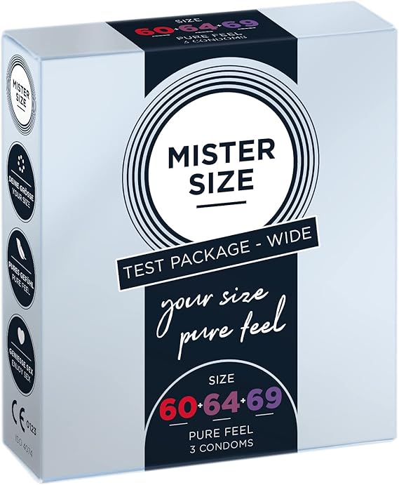 MISTER SIZE - Pure Feel: Feelgood Condoms (Ultra Thin and Extra Lubricated) - 100% Natural Rubber Latex in Your Individual Size (XS - XXL) (60-64 - 69 mm, 3 Pieces (Pack of 1))