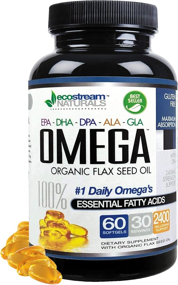Triple Strength Omega 3-6-9 Blend with DPA, EPA, DHA, ALA and GLA and Organic Flax Seed Oil, Over 2,800 Milligram Strength - Gluten Free - Easy to Swallow - 60 SoftGels