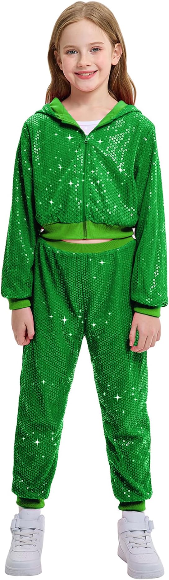 LOLANTA 2Pcs Girls Dance Outfits Cropped Sequin Jacket Pants Set, Kids Hip Hop Dance Costumes for 80s 90s Party 5-15 Years