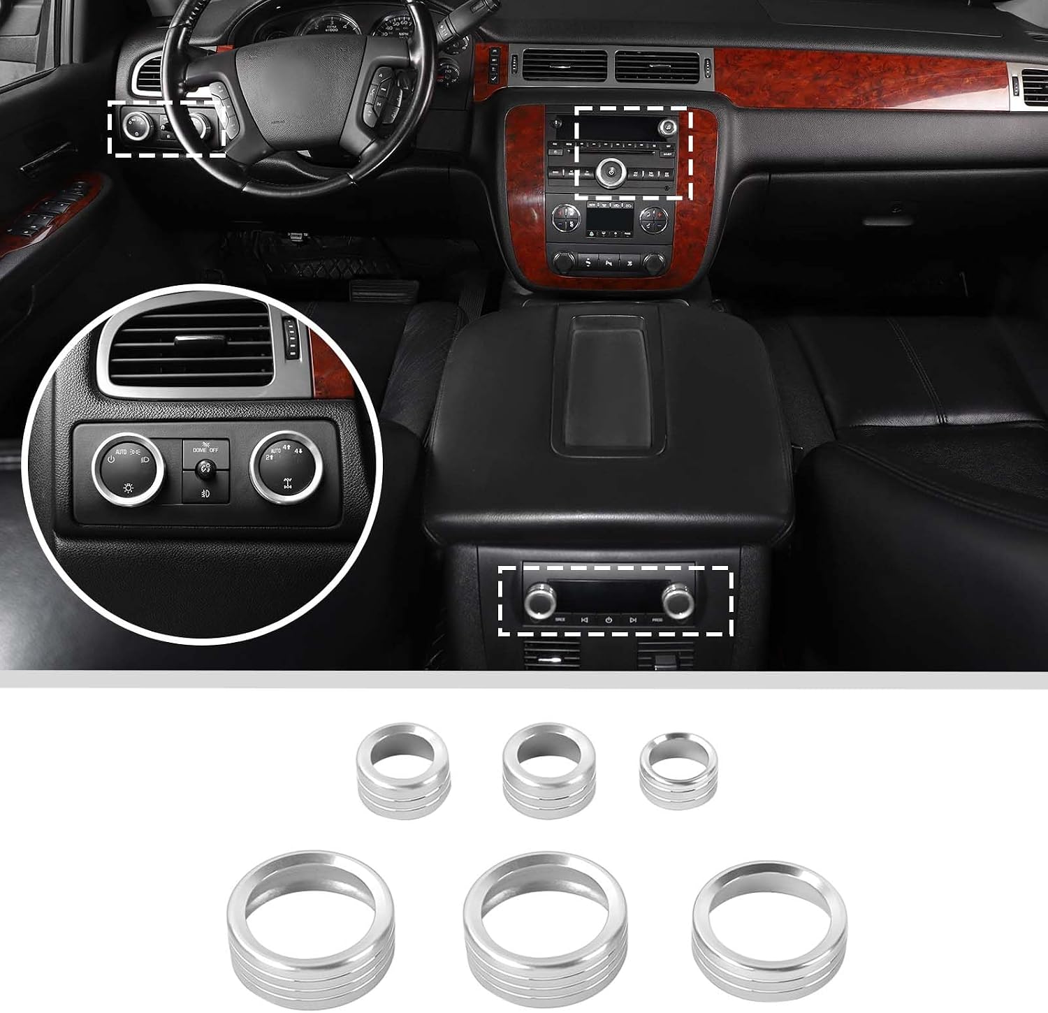 JWWY Center Console HVAC Dashboard Climate Control Knob Light Radio Switch Button Knob Cover Fit for 2007-2013 Chevy Silverado,Suburban,Avalanche,Tahoe, GMC Yukon Aluminum Alloy 6PCS Silver