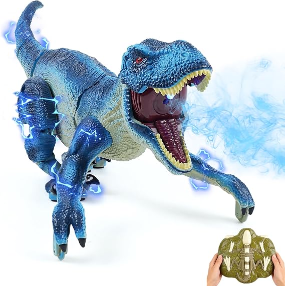 Remote Control Dinosaur Toys - Birthday Gifts for Boys Ages 3-5 4-7 8-12, Interactive Toy for Kids 3 4 5 6 7 8 9 10 11 12 Year Old, Walking Dino with Roar, Lights, and Spray - Blue