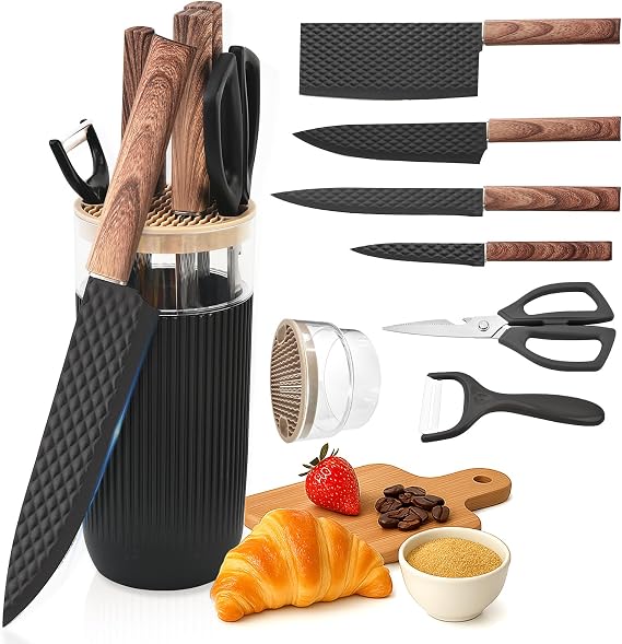 Knife Set, 7-Piece Kitchen Knife Set with Sharp Chef and Meat Knives, Anti-Rust Utility Knives Set for Kitchen, Kitchen Knife Block Set Black