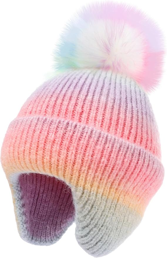 Kids Winter Hat with Ear Flaps, Toddler Boys Girls Fleece Lined Knit Beanie Colorful Pattern Pom Pom Ski Cap for 2-10Y