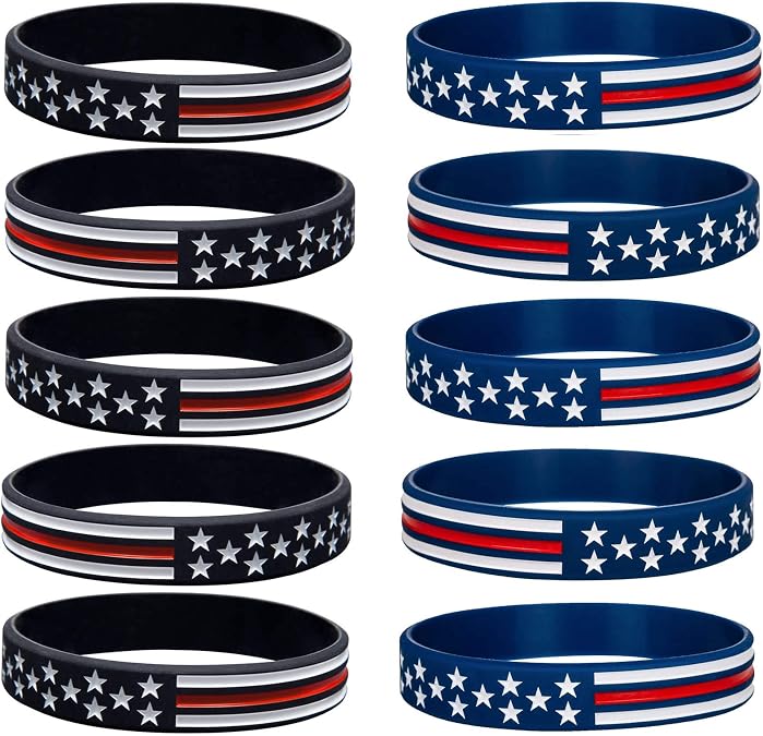 COYOUCO 10 Pack American Flag Bracelets -Thin Red Line Silicone Rubber Wristband Stretch Set for Americanism, Patriotic, Holiday, Army and Sport Fans, ndependence Day, Gifts for Teens Men Women