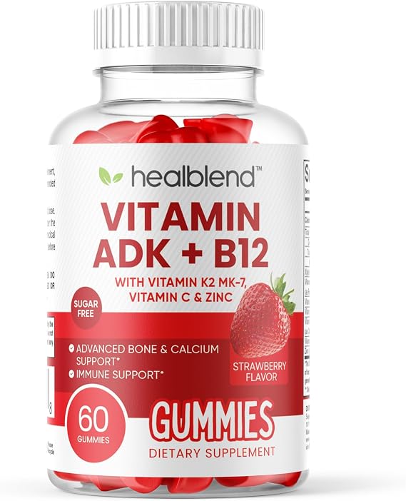 healblend Vitamin ADK + B12 Gummies - High Potency Vitamin D3 10000 IU, K2 MK-7, Vitamin A & B12 5000mcg - Immune, Bone & Energy Support Supplement - Strawberry Flavor, 60 Gummies (1)