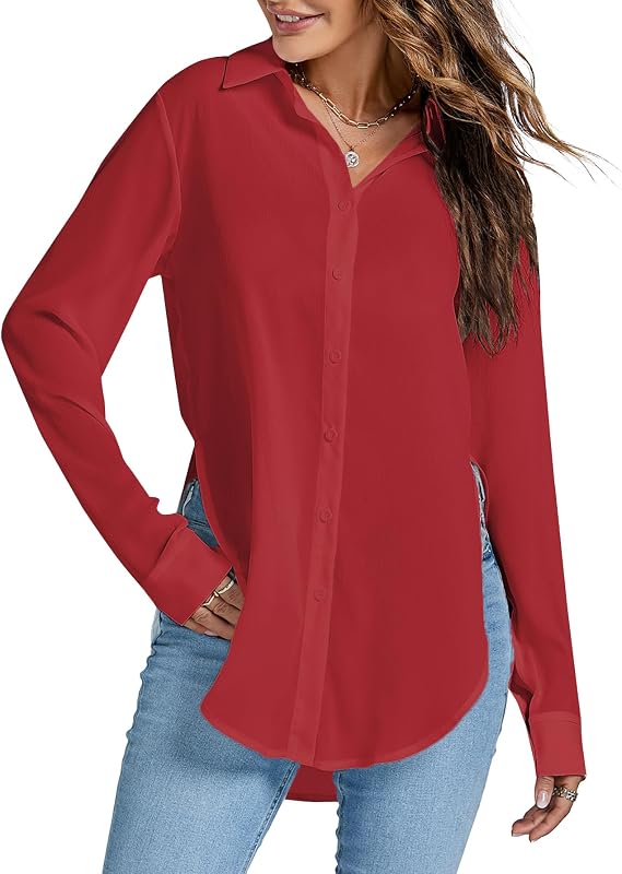 Rooscier Women's Sexy Sheer Tops Side Slit Collar V Neck Long Sleeve Button Up Blouse Shirt