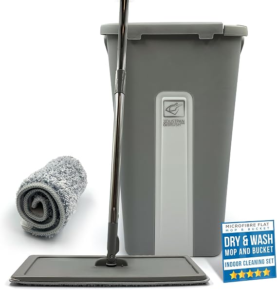 Flat Mop and Bucket Set with 360° Swivel Head, 2 Microfibre Mop Heads, Built In Bucket Wringer & Scraper, Easy to Use Mops for Cleaning Floors in Bathroom, Kitchen, Wood, Tile, Laminate