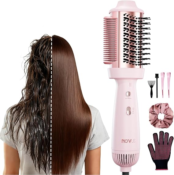 4-in-1 Blow Dryer Brush & Hair Straightener - NOVUS Ionic Hot Air Styler with Titanium Barrel, Volumizer for Frizz-Free Smoothing, Blowout Tool for All Hair Types (Pink)