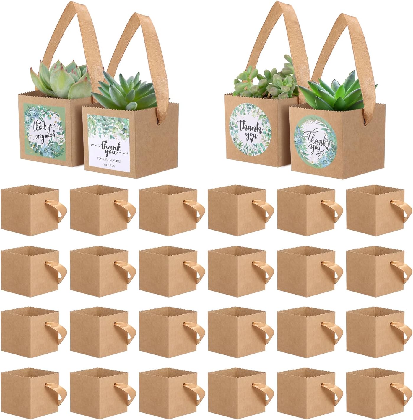 24pcs Succulent Wrap Bags Bulk,with 4 Styles Thank You Stickers，Mini Kraft Paper Succulent Gift Box Basket,Succulent Gift Box Fits 2.5 Inch Pots Wedding, Baby Shower, Succulent Party Favors for Guests