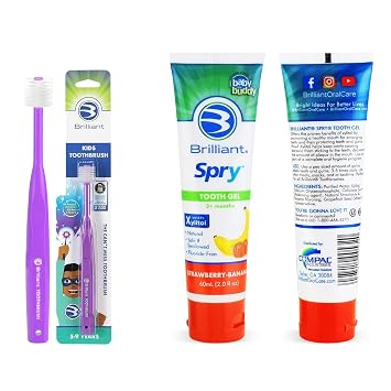 Brilliant Oral Care Bundle; Pack of 1 Kids Toothbrush with Soft Bristles Round Head - Purple & Kids Fluoride Free Toothpaste, Spry Gel with Xylitol, Strawberry Banana