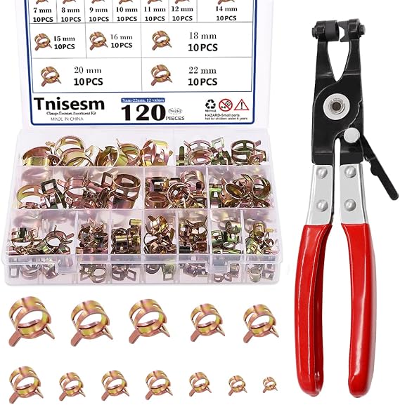 Tnisesm 121Pcs 6-22mm Spring Hose Clamp Assortment Kits with Swivel Flat Band Fuel Hose Clamp Plier, Silicone Vacuum Hose Action Pipe Clamp Low Pressure Air Clip Clamp for Hose Clamps