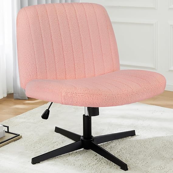 Criss Cross Chair, Armless Desk Chair Wide Seat for Home Office Vanity, No Wheels, Height Adjustable, 360 Swivel, Pink
