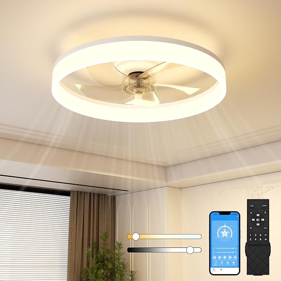 NIORSUN 50CM LED Ceiling Light with Fan and Remote & APP Control, Flush Mount Ceiling Fan, Stepless 6 Speeds,Quiet Dimmable Ceiling Light for Living Room（White） [Energy Class E]