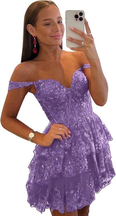 Short Sparkly Sequin Prom Dresses for Women Off Shoulder Sweetheart Homecoming Dress
