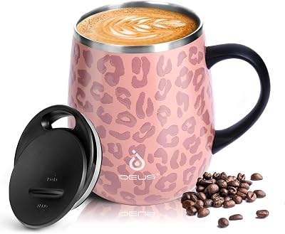 Ideus 16 oz 470 ml Insulated Coffee Mug with Handle and Lid, Double Wall Stainless Steel Vacuum Thermal Coffee Mug, Travel Coffee Cup Thermal Cup for Home and Office, Leopard Pink