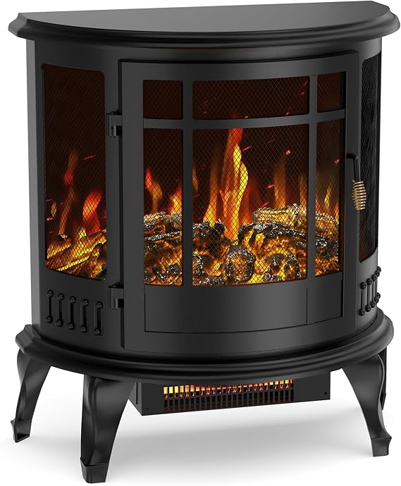 Vintage Style Freestanding Electric Fireplace Stove Heater, 25 Inch Indoor Portable Fire with Realistic 3D Flame Effect, 1500W Efficient Heating, Safe Cool-Touch Exterior & Overheat Protection 