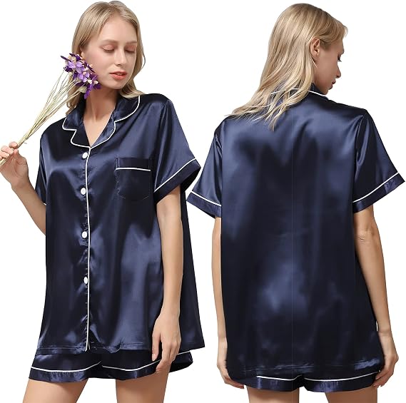 Silk Pajamas for Women,Women Satin Pajamas Set ,Short Sleeve Sleepwear, Soft Loungewear for Ladies 2 Piece ,Button Down Pj Sets Blue